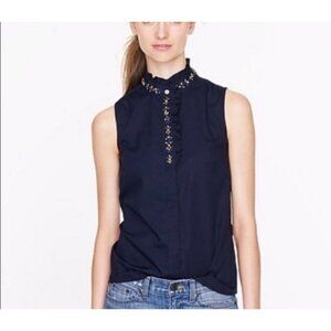 J.Crew Ruffled Embellished Jeweled Navy Blue Blouse Sleeveless Button Up Size 8